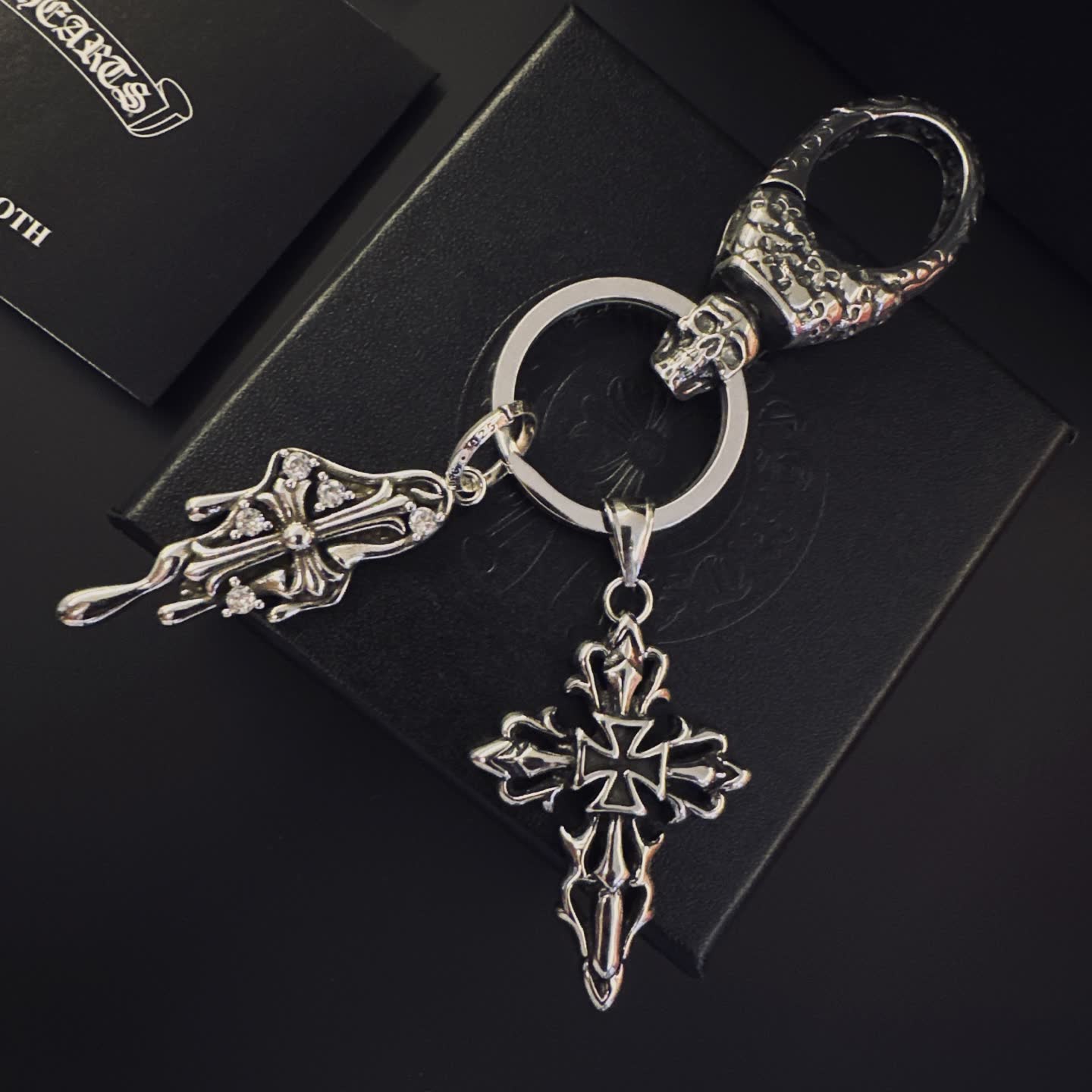 Chrome Hearts Silver Keychain with Skull and Cross Charms